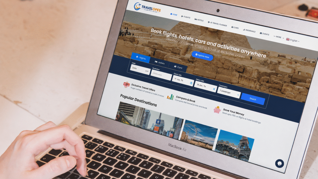ABC Travels hotel and flight booking website displayed on a laptop screen